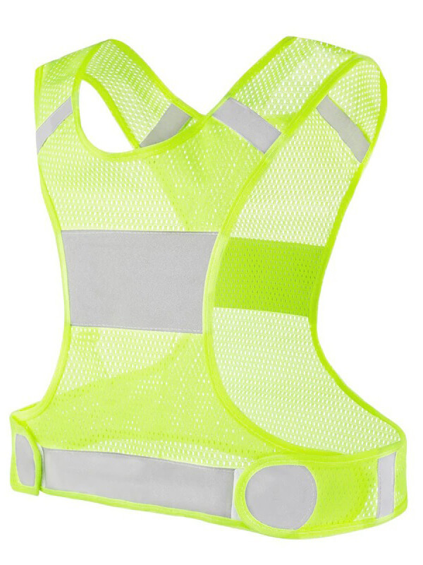 Neon yellow outdoor reflective vest with breathable fabric and bright strips, ideal for cycling and running. Unisex design, enhance visibility.